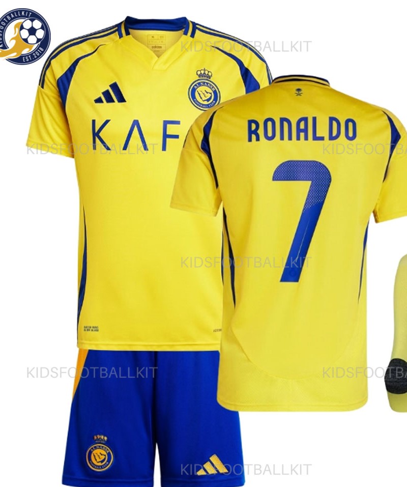 Cristiano Ronaldo #7 NASSR Riyadh Al Home 2024/2025 Kids Soccer Jersey/Shorts Gift Set for Fans Youth Sizes