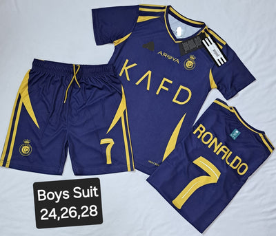 Ronaldo #7 NASSR Riyadh Al Away 2024/2025 Kids Soccer Jersey/Shorts Gift Set for Fans Youth Sizes